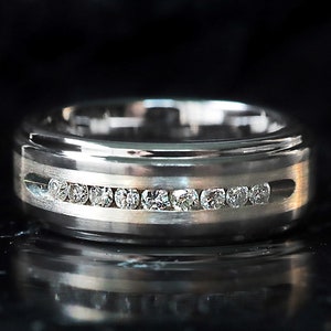 Personalizable Tungsten Wedding Band With Raised Center Brushed Silver Inlay & 9 Channel Set White Diamonds, Big White Diamond Ring - 8mm
