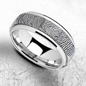 Silver Tungsten Spinner Fingerprint Ring, Fidget Spinner Tungsten Ring, Mens & Women Fidget Fingerprint Ring, Fidget Spinner Ring - 8mm
