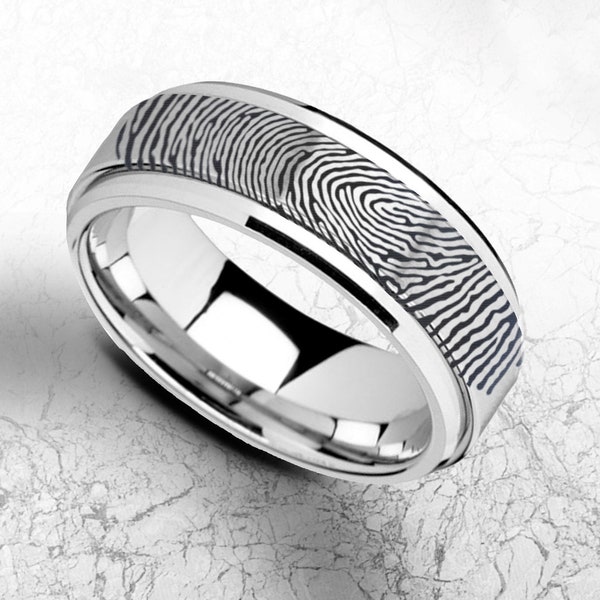 Silver Tungsten Spinner Fingerprint Ring, Fidget Spinner Tungsten Ring, Mens & Women Fidget Fingerprint Ring, Fidget Spinner Ring - 8mm