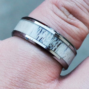 Personalized Engraved Black Deer Antler Inlay Tungsten Ring, Real Actual Deer Antler Wedding Ring, Stag Antler Ring, Doe Antler Band - 8mm