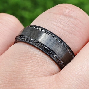 Black Diamond Set Edges Titanium Ring, Mens Black Sapphire Diamond Titanium Carbide Ring, Black Diamond Wedding Ring Brushed Center - 8mm