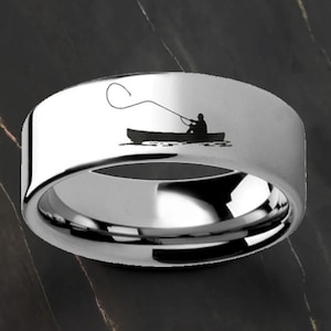 Engraved Fisherman Hunter Fly Fishing Boat Tungsten Ring Flat Polished Finish - 4mm to 10mm Silver Gold Black Colors Available