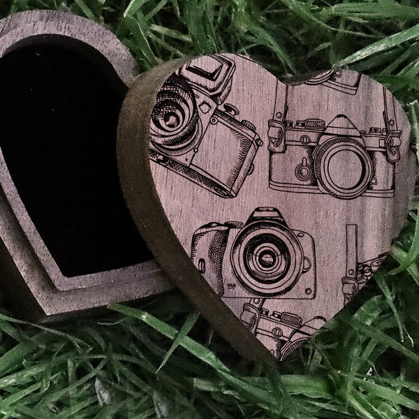 Engraved Photographer Camera Pattern Black Walnut Wood Ring Box, Photographer Ring Box, Photography Wedding Band Box, Photography Ring Box