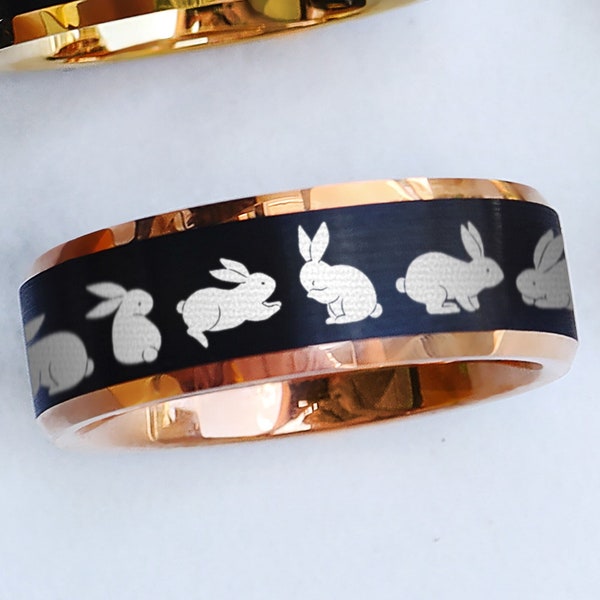 Engraved Rabbit Ring, Bunny Ring, Bunny Jewelry, Rabbit jewelry, Bunny rabbit ring, Black Tungsten Beveled Edge Ring - 8mm