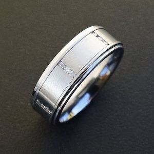 Mens Tungsten Wedding Band Raised Center Brushed Silver Inlay Center, 18 Channel Set White Gemstone Diamonds Set into 6 Channels - 8mm Wide