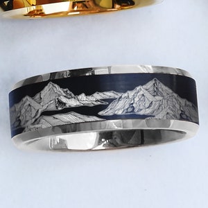 Engraved Minimal Mountain Landscape Ring, 3D Mountain Lines Ring, Mountain landscape Scene Ring, Mountain Wedding Ring - 8mm Wide