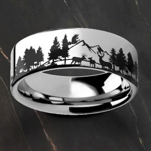 Engraved Deer Family Mountain Landscape Scene Tungsten Ring Flat Polished Finish - 4mm to 10mm Silver Gold Black Colors Available