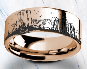 Engraved Yosemite Valley Mountain ring wedding band, Yosemite Tungsten Ring, Yosemite Valley Ring - 4mm to 10mm available