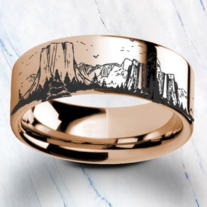 Engraved Yosemite Valley Mountain ring wedding band, Yosemite Tungsten Ring, Yosemite Valley Ring - 4mm to 10mm available