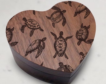 Engraved Sea Turtle Ring box, Black Walnut Wood Ring Box, Turtle Ring Box, Dragon Wedding Band Box, Sea Turtle Ring Box