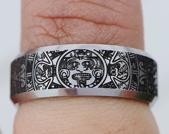 Engraved Marked Mexican Aztec Ring, Aztec Warrior Ring, Aztec Calendar Ring, Toltec, Mayan Band, Navajo, Inca, Montezuma, Quetzalcoatl - 8mm