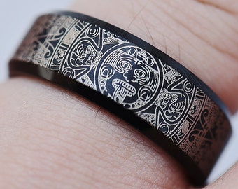 Engraved Ancient Indian Aztec Culture Ring, Tribal Pattern Ring, Aztec Warrior Ring, Mexican Mexico Ring, Nahuatl Jewelry - 8mm