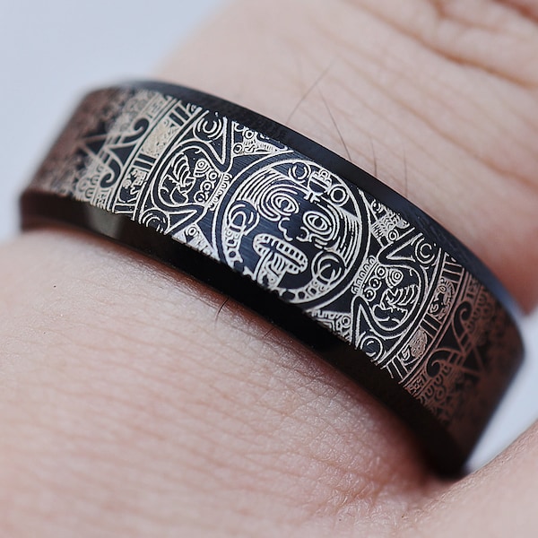 Engraved Ancient Indian Aztec Culture Ring, Tribal Pattern Ring, Aztec Warrior Ring, Mexican Mexico Ring, Nahuatl Jewelry - 8mm