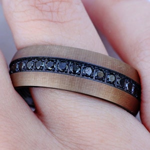 Domed Rustic Bronze Brown Diamond Tungsten Ring, Mens Black Diamond Tungsten Carbide Ring, Brown Wedding Ring with Brushed Center - 8mm