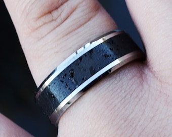 Black Lava Rock Wedding Ring, Lava Rock Inlay Tungsten Ring, Tungsten Carbide Ring with Black Lava Stone Inlay - 8mm Wide
