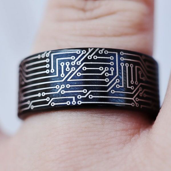 Engraved Motherboard Pattern Ring, Microchip pattern ring, PCB board ring, Circuit Board Ring - 4 to 10mm Available, multiple colors