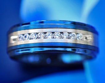 Anello In Tungsteno Nero Blue Line, Fede Nuziale Personalizzata - Foto 10