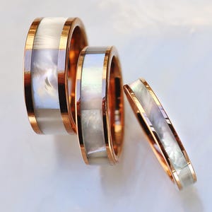 White Mother of Pearl Band, 18K Rose Gold Plated Tungsten Wedding Ring, White Mother of Pearl & Blue Abalone Pearl - 4mm, 6mm, 8mm Width