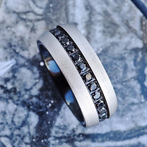 Domed Tungsten Ring with Satin Finish and Black Diamonds, Mens Silver Satin Finish Ring, Black Diamond Ring - 8mm