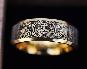 Engraved Aztec Culture Ring + Engraved Aztec Calendar Rectangular Ring Box, Engraved Black Walnut Wood Ring Box & Ring Dual, - 8mm Wide Ring