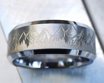 LIGHT Engraved Mens Mountain Wedding Band, Mountain Engagement Ring, Mountain Wedding Ring, Black Forest Ring, Mens Mountain Ring - 8mm