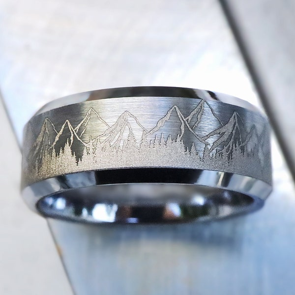 LIGHT Engraved Mens Mountain Wedding Band, Mountain Engagement Ring, Mountain Wedding Ring, Black Forest Ring, Mens Mountain Ring - 8mm