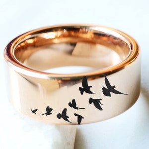 Engraved Mourning Doves Promise Ring, Flock of Doves Wedding Band, Doves Wedding Band 4mm to 10mm Silver, Black and Gold Available image 1
