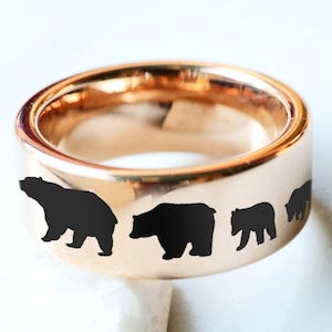 Engraved Bear Family Wedding Band, Bear Family Promise Ring, Mama Bear, Papa Bear, Bear Cubs Engagement Ring, Teddy Bear Jewelry 4mm to 10mm
