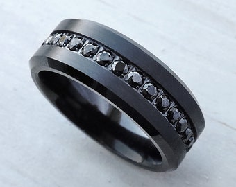 Mens Black Tungsten Ring with black diamonds, Mens Black Diamond Ring, Black Engagement Ring with Black Diamonds - 8mm