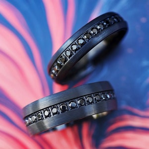 Black Tungsten Ring | Black Tungsten | Comfort Fit | Wedding Band Ring with Black Diamonds - 6mm & 8mm Available