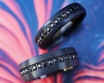 Black Tungsten Ring | Black Tungsten | Comfort Fit | Wedding Band Ring with Black Diamonds - 6mm & 8mm Available