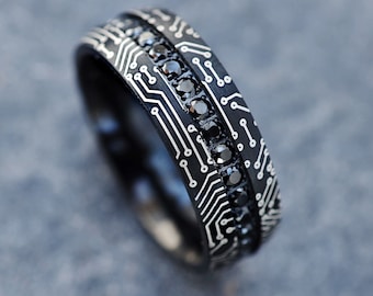 Black Tungsten Ring with Black Diamonds and Computer Circuit Engraved Pattern, Hacker Motherboard Ring, Wires Chip Design - 6mm & 8mm