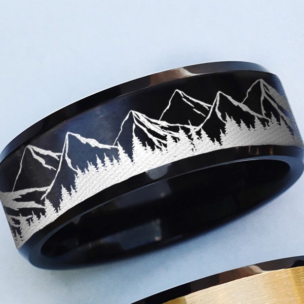 Engraved Mountain Mens Band, Two Tone Black Ring, Mountain Landscape Scene Ring, Engraved Engagement Band, Forest Ring, Nature Ring - 8mm