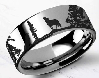 Animal Landscape Scene Wolf Wolves Ring Engraved Flat Tungsten Ring - 4mm to 10mm