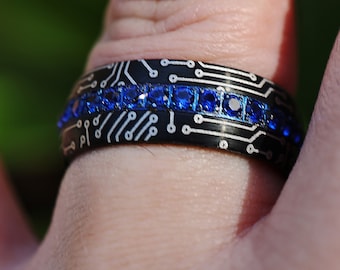 Engraved Circuit Board Ring Black Tungsten Carbide, Blue