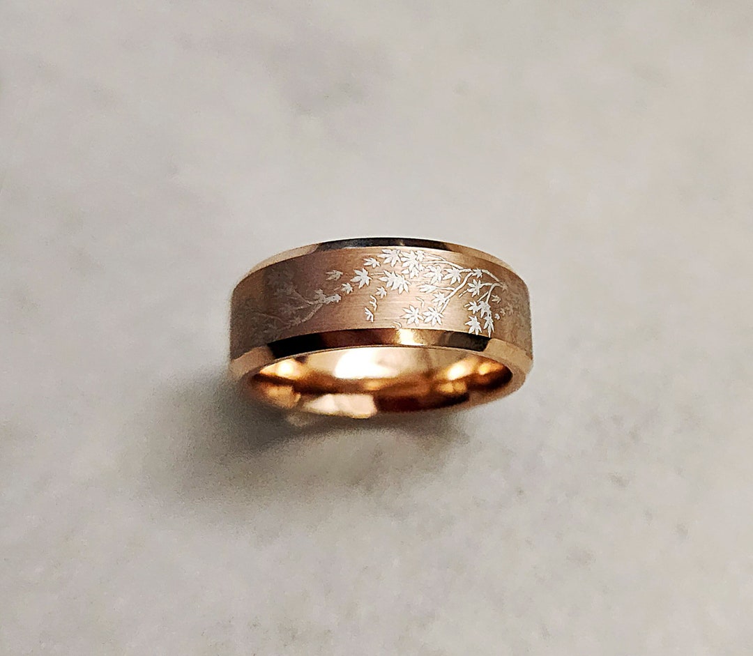 Engraved Japanese Maple Tree Ring, Maple Tree Wedding Ring ,maple Tree ...