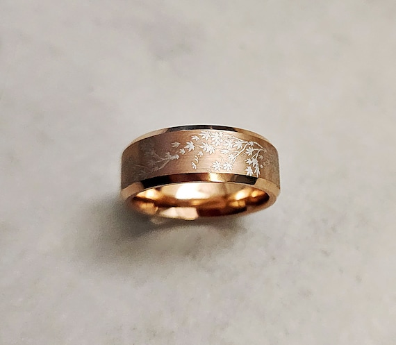 Engraved Japanese Maple Tree Ring, Maple Tree Wedding Ring ,maple