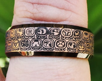 Engraved Maya Symbols Ring, Mesoamerican Promise Ring, Ancient Maya Wedding Band, Maya Pattern Engagement Ring, Mexican Maya Ring - 8mm