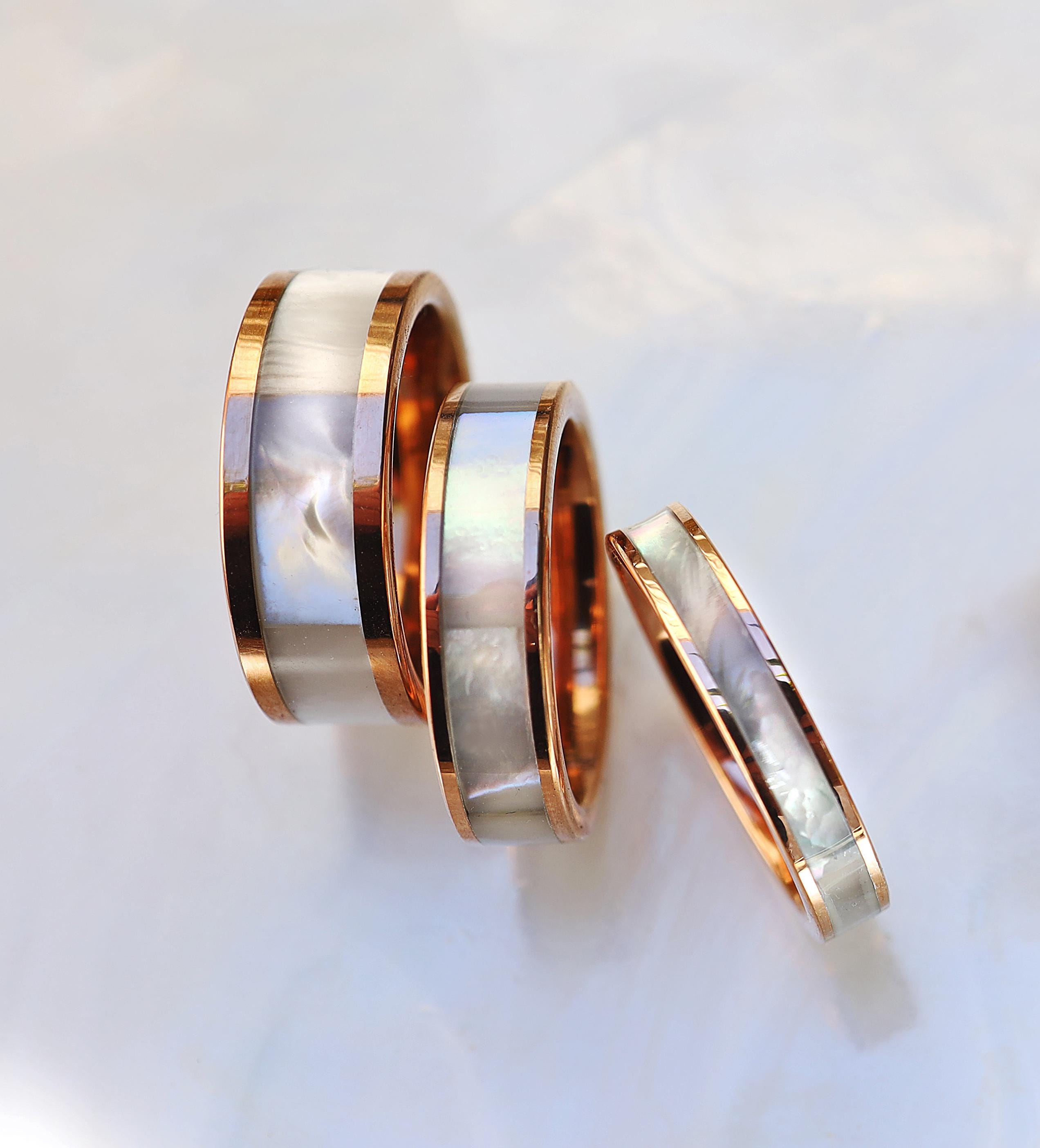 White Mother of Pearl Band, 18K Rose Gold Plated Tungsten Wedding