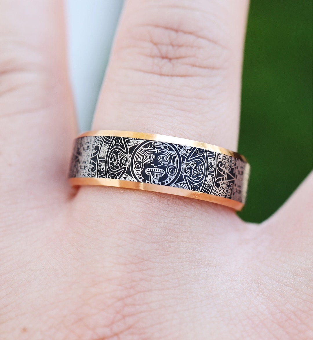 Engraved Aztec Calendar Ring, Mayan Art Promise Ring, Ancient Hispanic
