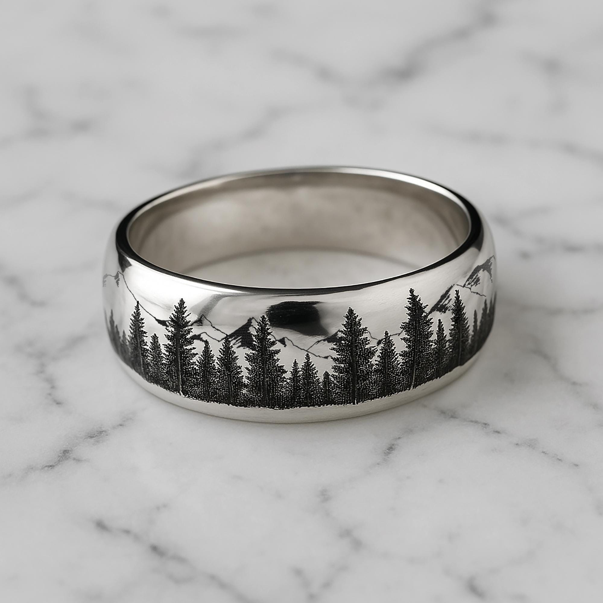 Forester Rings Instruments Engraved Nature Tungsten Ring, Fir Tree Forest Mountain Range Ring, Fir ...
