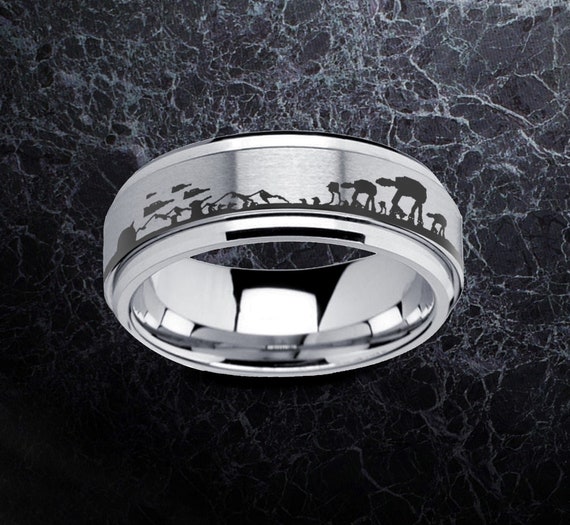 Star Wars Wedding Band, Star Wars Hoth Battle Scene Black Tungsten Spinner Fingerprint Ring, Fidget Spinner Tungsten Ring- 8mm