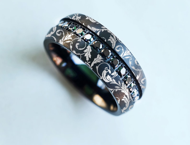 Black Tungsten Ring With Black Diamonds and Victorian Pattern Etsy