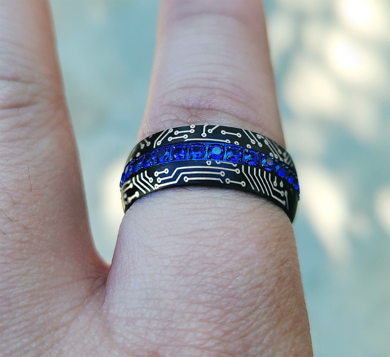 Engraved Circuit Board Ring Black Tungsten Carbide, Blue