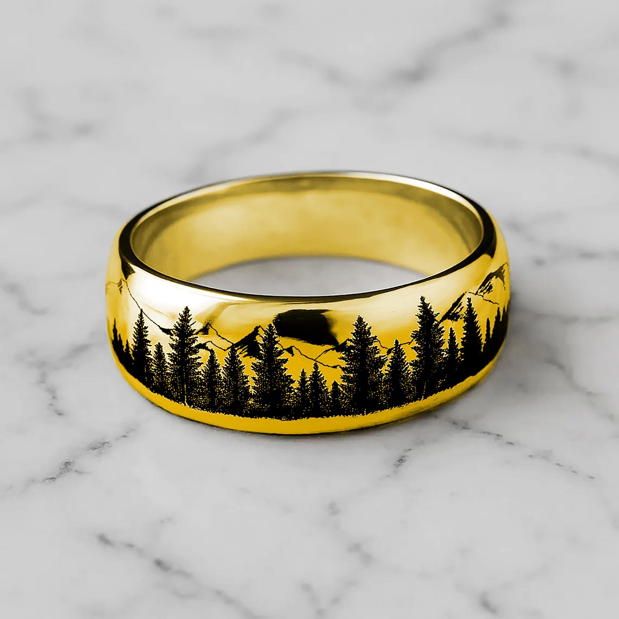 Forester Rings Instruments Engraved Nature Tungsten Ring, Fir Tree Forest Mountain Range Ring, Fir ...