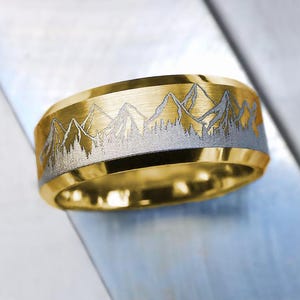 LIGHT Engraved Mens Gold Mountain Wedding Band, Gold Mountain Ring, Silver Mountain Ring, 18K Gold Plated Mountain Tungsten Ring - 8mm