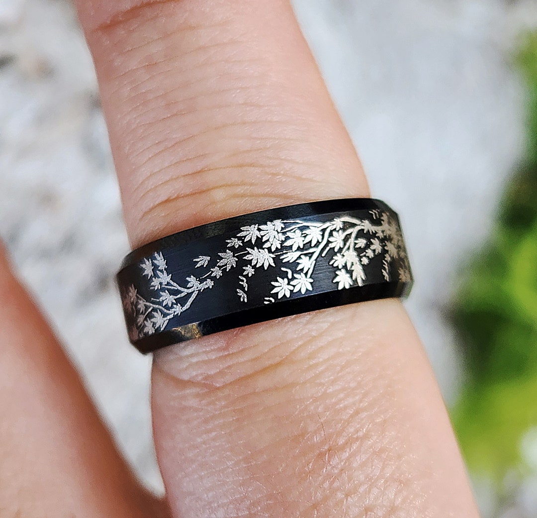Engraved Japanese Maple Tree Ring, Japanese Maple Tree Wedding Ring ...