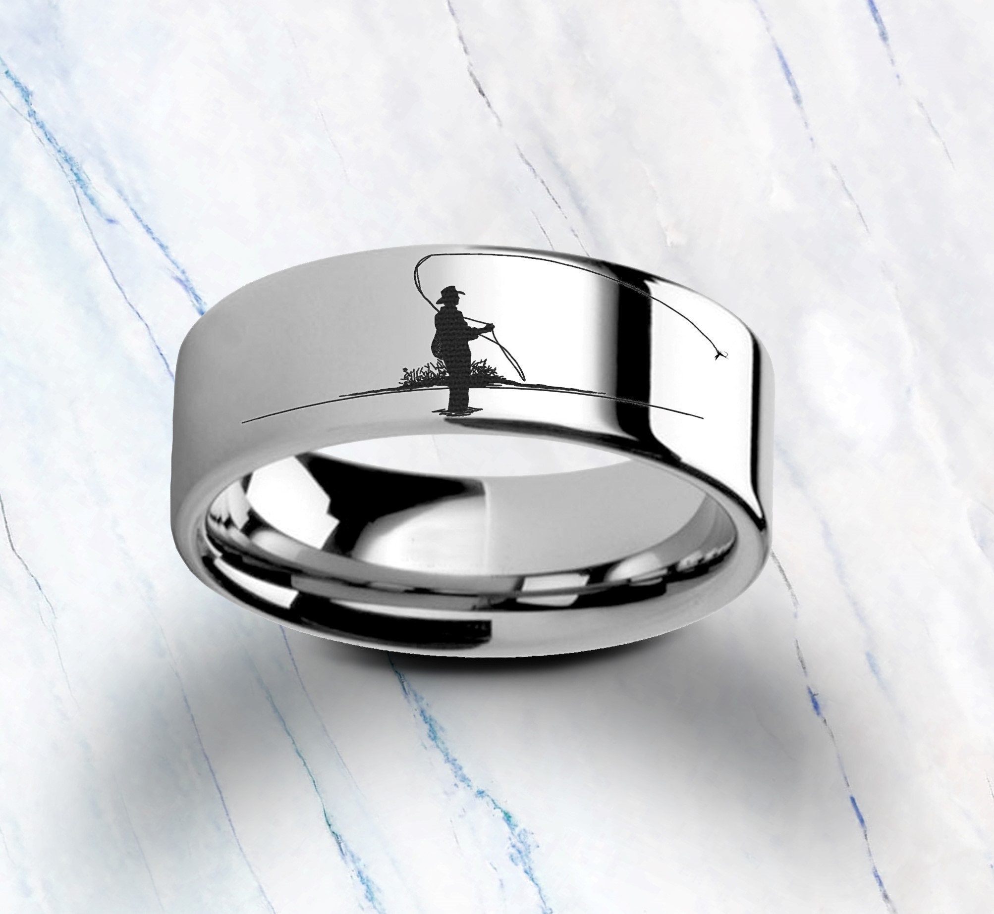 Engraved Fly Fishing Black Wedding Ring Fly Fishing Promise Etsy
