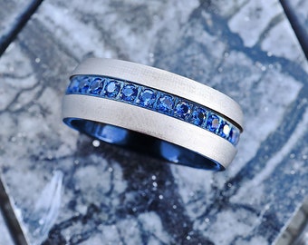 Domed Tungsten Ring with Satin Finish and Blue Gems, Mens Silver Satin Finish Ring, Blue Gems Wedding Ring with polished blue inside - 8mm