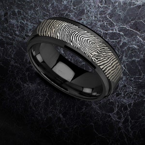 Black Tungsten Spinner Fingerprint Ring, Fidget Spinner Tungsten Ring, Mens & Women Fidget Fingerprint Ring, Fidget Spinner Ring - 8mm
